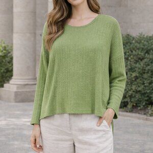 Eileen Fisher Linen Cotton Ribbed Knit Top Sweater Green XL